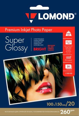 Суперглянцевая ярко-белая (Super Glossy Bright) микропористая фотобумага Lomond для струйной печати, A6, 260 г/м2, 20 листов.