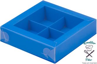 Коробка на 4 конфеты с окном 120*120*30 мм, синяя матовая