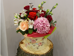 букет с малиновой гортензией и розами с эустомами в шляпной коробке