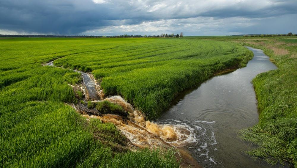 Весеннее поле после внесения удобрений рядом с сельским водозабором