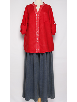 РУБАШКА ЛЁН "КРУЖЕВО НА СПИНЕ"  красная, оранжевая р.46-52