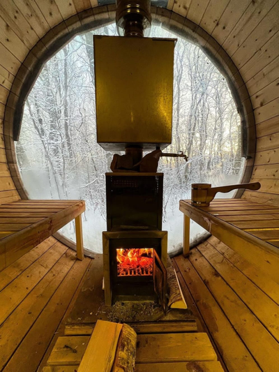 Круглая баня бочка с панорамным сферическим окном