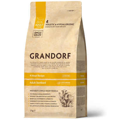 Grandorf (Грандорф) сухой корм для стерилизованных кошек и кастрированных котов 4 мяса с пробиотиками, 2 кг
