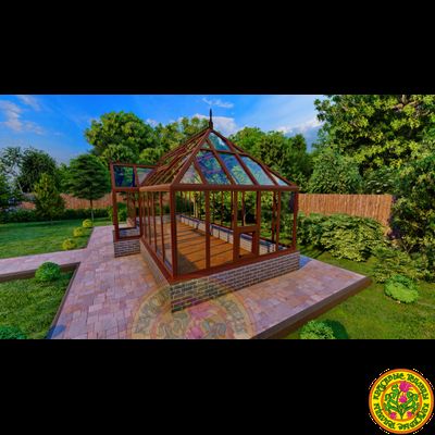 Базовая комплектация теплицы в английском стиле с холлом из стекала и алюминия ВИКТОРИЯ SL размером 8000 х 3000 мм