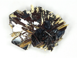 Редкость! Рутил свободного роста, сростки "звезды" золотистых игольчатых кристаллов на кристаллах гематита, Бразилия (25*20*4 мм, 3,3 г) №37916