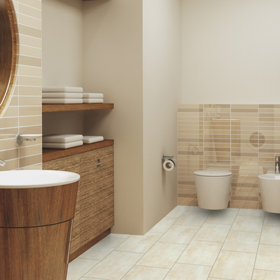 Виниловый пол Wineo 400 Stone Harmony Stone Sandy DLC00134 в интерьере ванной