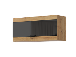 Гостиная ПРАГА - Шкаф навесной Дуб Вотан/Черный глянец