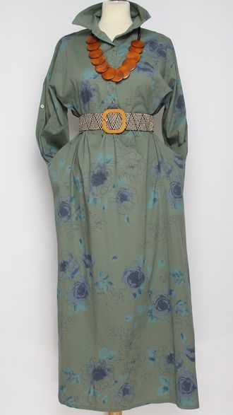 Платье - рубашка "РОЗЫ СИНИЕ" хаки р.46-52