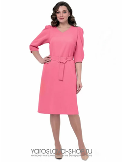 Модель: 1031. Розовое платье с треугольным вырезом горловины и пышными рукавами.