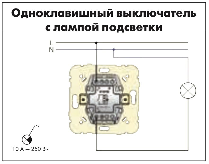 Схема подключения одноклавишного выключателя с подсветкой Efapel Mec 21