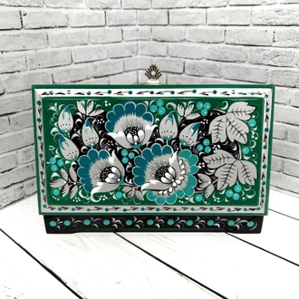 Шкатулка для денег Серебристо-зеленая 180х100 мм деревянная с росписью Хохлома