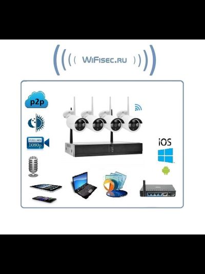 NVR+4IPC 3M Wi-Fi Комплект беспроводной системы видеонаблюдения, видеорегистратор + 4 видеокамеры, FullHD (XMeye)