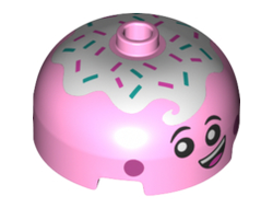 Brick, Round 3 x 3 x 1 1/3 Dome Top - Open Stud with Face with Smile, Eyes with Pupils, Pink Cheeks and Topping Pattern, Bright Pink (49308pb001 / 6261716)