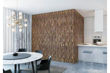 Стеновая панель из массива ореха "Орех реечный" (артикул 1023-ST) в интерьере гостиной