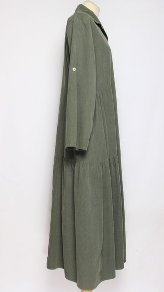 Платье-рубашка Бохо "Вельвет карманы ярусы" горчичное, хаки до р.52