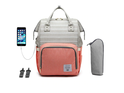СУМКА-РЮКЗАК ДЛЯ МАМЫ LEQUEEN С USB (серый-коралловый, полоска)
