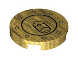 Tile, Round 2 x 2 with Bottom Stud Holder with Black Circles Fuel Cap Pattern, Pearl Gold (14769pb478 / 6369868)