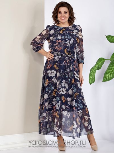 Модель: 2464.Элегантное шифоновое платье в синем цвете с цветочным принтом