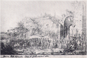 Ярославов Вал и Золотые Ворота. 1651 г. А. ван Вестерфельд, тушь, перо