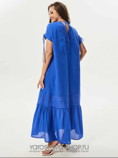 Легкое летнее платье "макси" синего цвета с кулисой на плечах