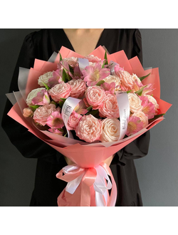 БУКЕТ ИЗ КУСТОВЫХ ПИОНОВИДНЫХ РОЗ С ДОБАВЛЕНИЕМ АЛЬСТРОМЕРИЙ - (АРТ. М92)