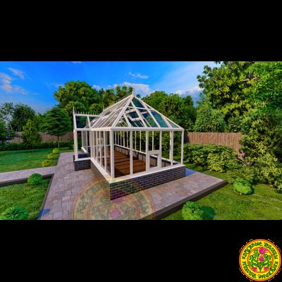 Базовая комплектация теплицы в английском стиле с холлом из стекала и алюминия ВИКТОРИЯ SL размером 8000 х 3000 мм