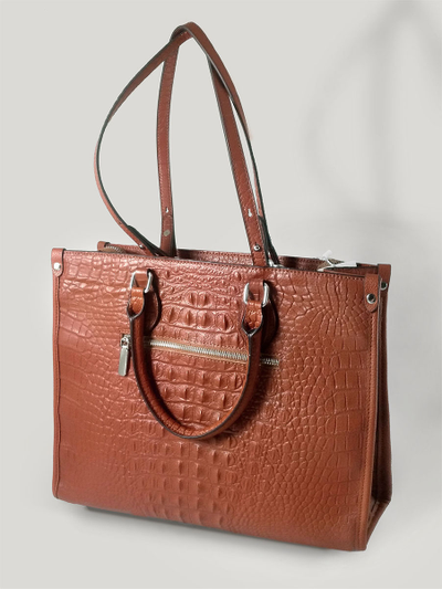 (АРТИКУЛ: 10104/1/5) СУМКА ЖЕНСКАЯ БОЛЬШАЯ, НАТУРАЛЬНАЯ КОЖА С ТИСНЕНИЕМ "КРОКОДИЛ", ЯРКО-КОРИЧНЕВАЯ, РУЧКИ И РЕМЕНЬ ЧЕРЕЗ ПЛЕЧО