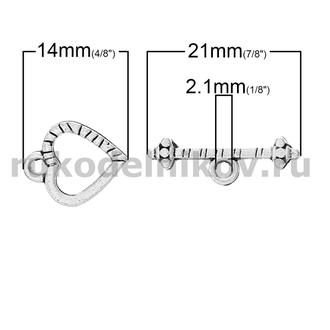 замок тоггл "Сердце", цвет-античное серебро, 3 шт/уп