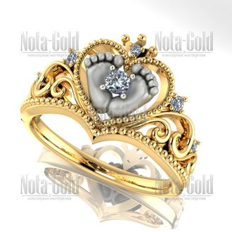 Кольцо из золота двух цветов в подарок жене на рождение дочки или сына с бриллиантами с сердечком и