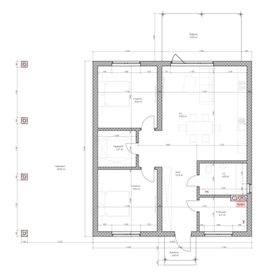 Одноэтажный дом с двумя спальнями 92м² (S72)