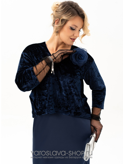 Эффектное бархатное платье-имитация костюма в синем цвете