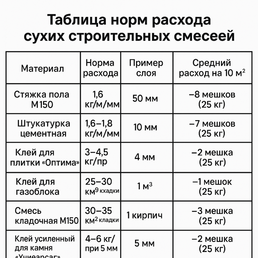 таблица расхода стяжки, штукатурки и клея
