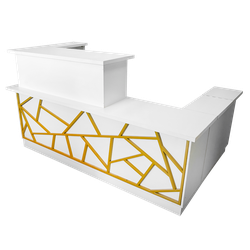 Тучков шоп. Торговое оборудование. Ресепшн. Стойка-ресепшен белая с рисунком из золотого металла