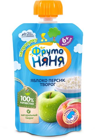 ФРУТОНЯНЯ 90г пюре из яблочно-персиковое с творогом и сахаром Пакет