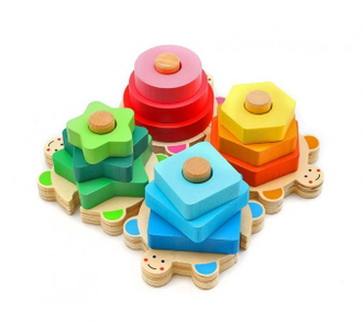 Деревянный пазл черепашки, сортер с колышками и геометрическими кольцами - фигурами BeeZee Toys