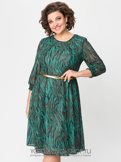 Зеленое шифоновое платье с поясом в золотом цвете