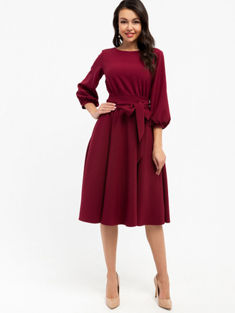 Бордовое платье миди с рукавом-фонариком