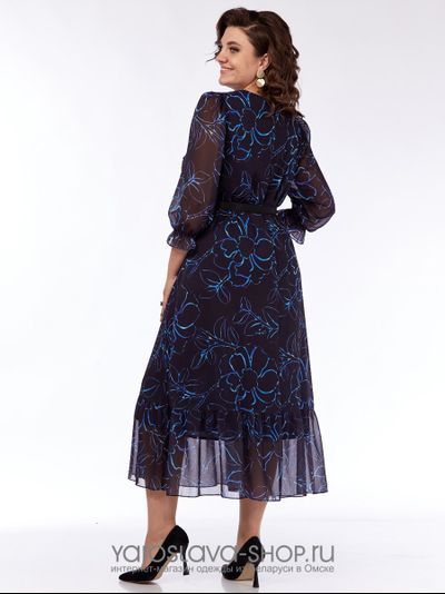 Женское шифоновое платье в синем цвете с цветочным принтом