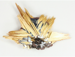 Редкость! Рутил свободного роста, сростки "звезды" золотистых игольчатых кристаллов на кристаллах гематита, Бразилия (35*21*6 мм, 2,6 г) №37920