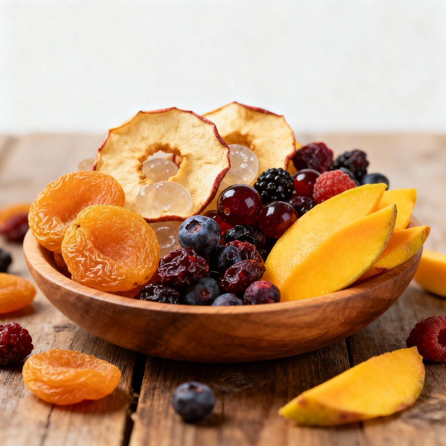 Свежие и сушеные фрукты в деревянной тарелке