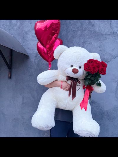 Подарочный набор №16 - Плюшевый мишка 160 см, Шары сердца 2, букет красных роз Эквадор