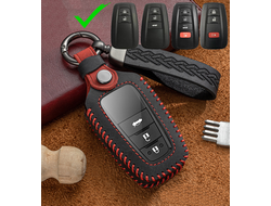 Чехол для смарт ключа тойота из комбинации чёрной и красной кожи. Прострочка красной ниткой