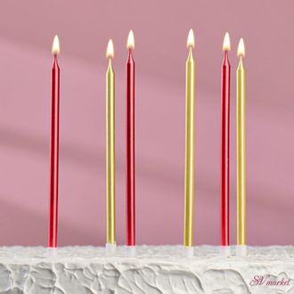 Свечи в торт &quot;Ройс&quot;, 6 шт, высокие, 13 см, бордовые и золотые