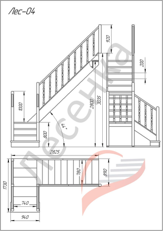 Деревянная межэтажная лестница ЛЕС-04 поворот 90°