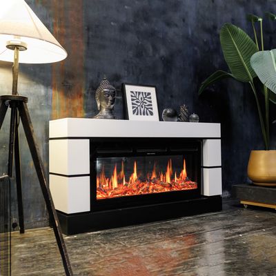 Линейный электрокамин Modern белый с черным с очагом Vision 42 LOG LED