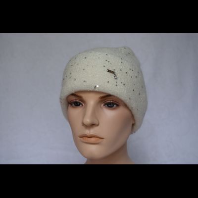 Белая женская шапка с отворотом  и пайетками Vizio Италия 6943 CRY
