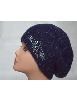 Берет синий с бисером вязаный женский Vizio Италия 6158