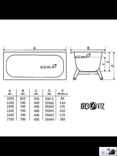 Ванна стальная VIZ Antika, толщина стали 1,8 мм, прямоугольной формы
