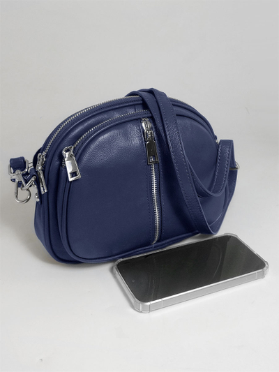(АРТИКУЛ: 10084/1/8) СУМКА ЖЕНСКАЯ МАЛЕНЬКАЯ, НАТУРАЛЬНАЯ КОЖА, ТЕМНО-СИНЯЯ, ТРИ ОТДЕЛЕНИЯ, РЕМЕНЬ ЧЕРЕЗ ПЛЕЧО