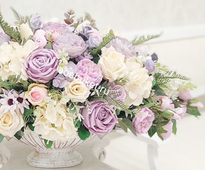 Композиция из искусственных цветов в нежно сиреневых тонах удлинённая в вазе на стол - Эмили №УНС008